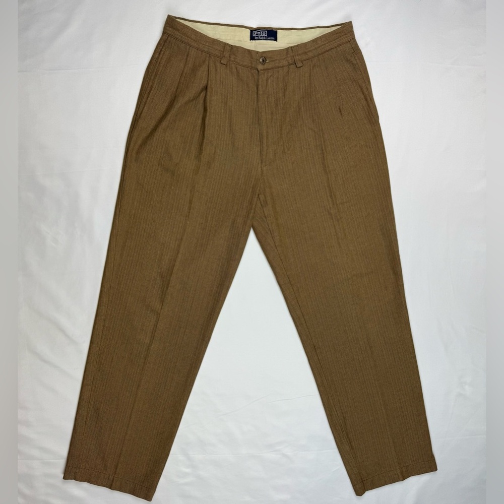Vtg Polo Ralph Lauren Mens Herringbone Pleated Pants 34 x 31 Light Brown 90s B1